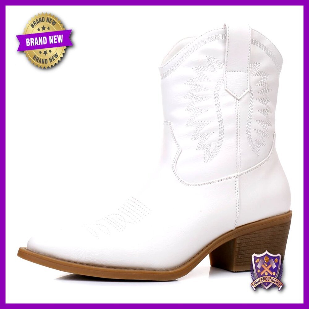 Western Cowgirl Boots Mid Calf Pointed Toe Vegan Leather Comfy Chic